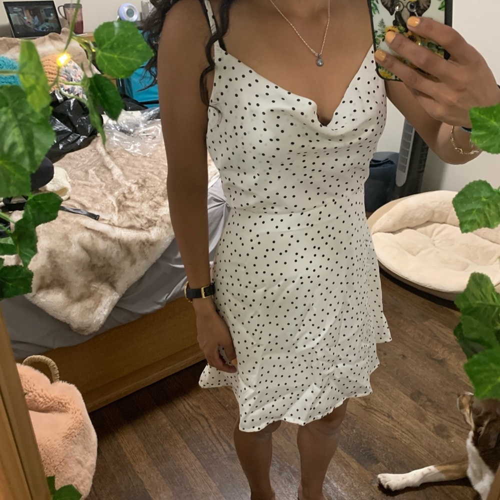Polka Dotted Satin Cowl Neck Mini Dress